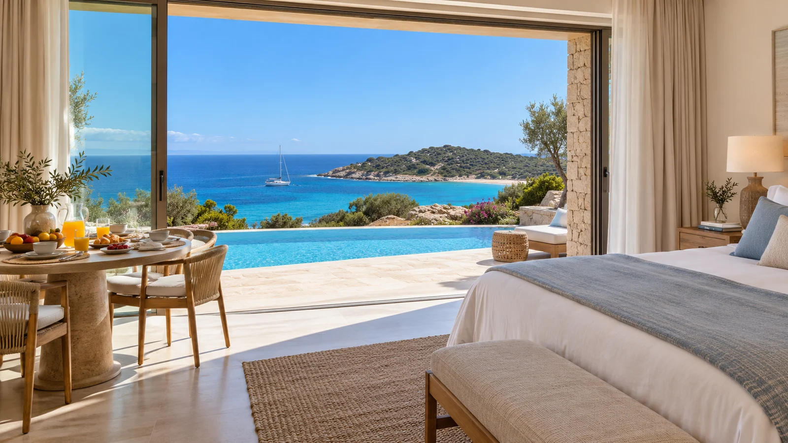 Villa immaginaria: una camera luminosa, un tavolo con la colazione e una piscina con vista sul mare e una barca a vela